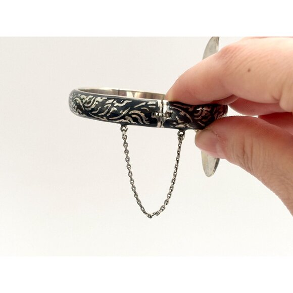 Siam Sterling Silver Bypass Style Hinged Nielloware Thai Made Vintage Bracelet - Picture 11 of 16